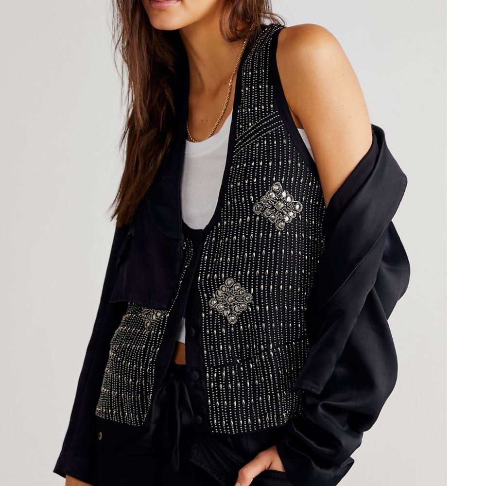 Free People Black Beaded Embellished Vest